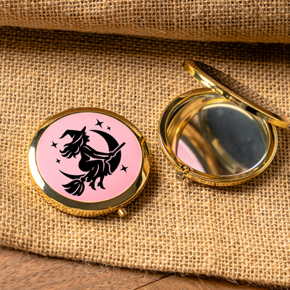 Pink Witch Compact Mirror | Cute Halloween Pocket Mirror | Witch Makeup Mirror | Spooky Cosmetic Mirror | Halloween Gift for Women