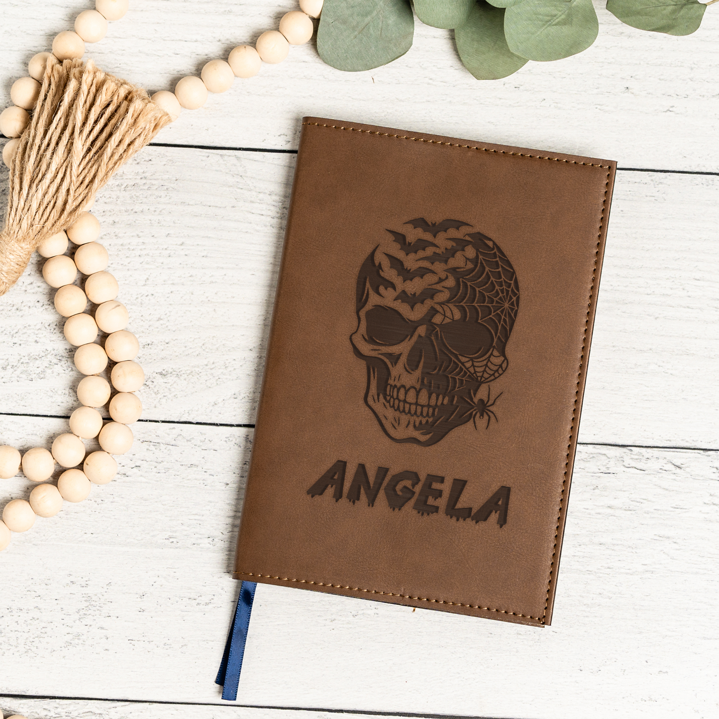 Personalized Leather Journal with Skull Design, Custom Name Notebook, Gothic Gift