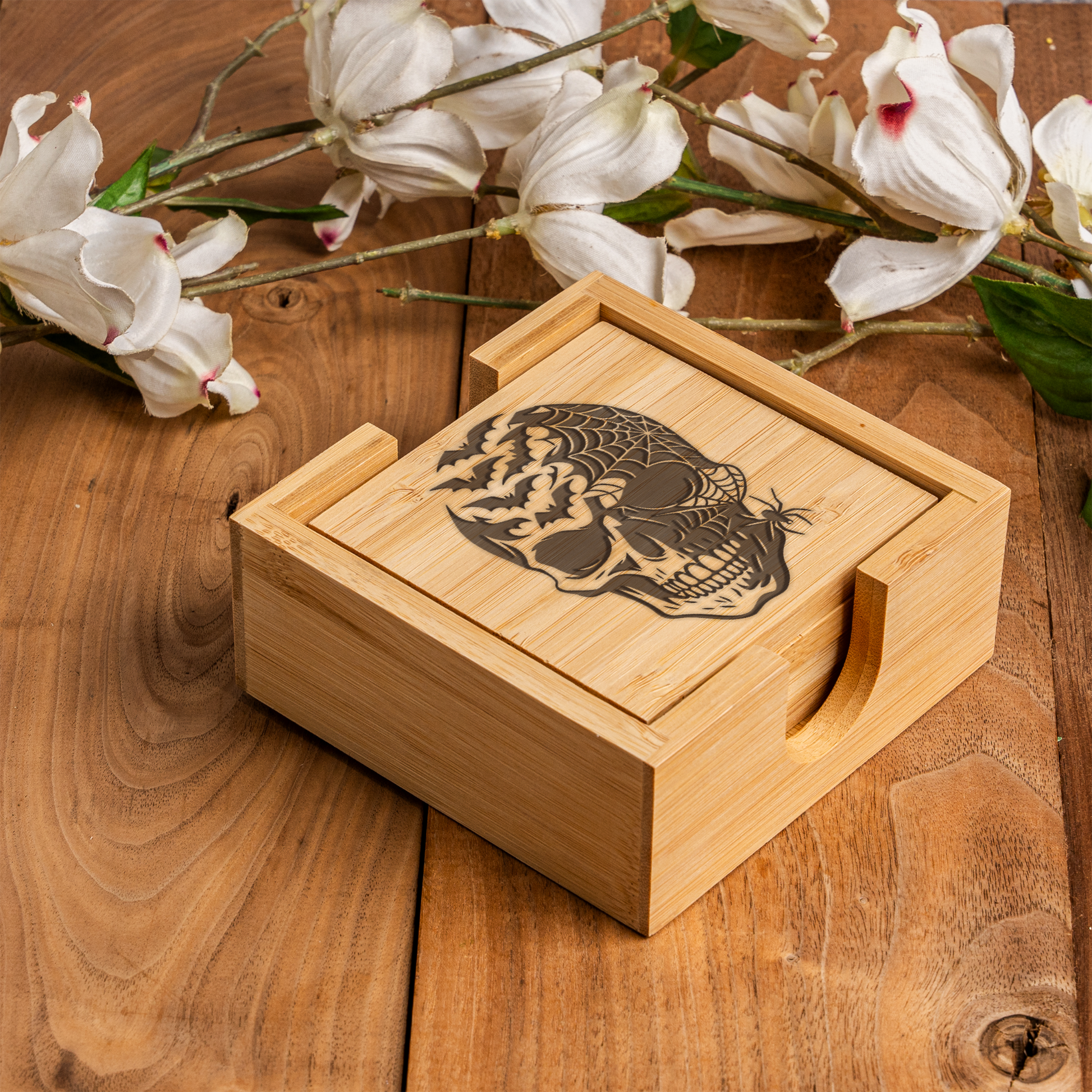 Bamboo Coaster Set With Holder - Skull and Spider Design