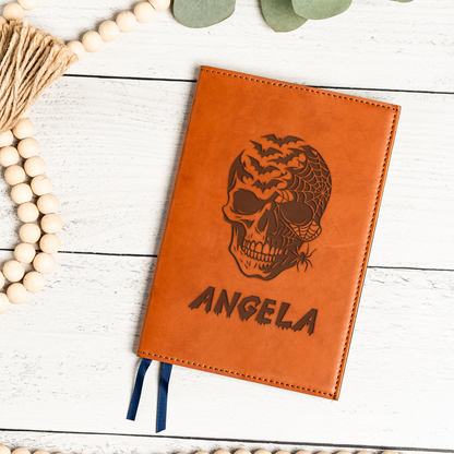 Personalized Leather Journal with Skull Design, Custom Name Notebook, Gothic Gift