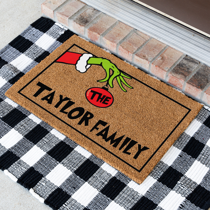 Personalized Grinch Christmas Doormat, Custom Family Name Holiday Welcome Mat, Funny Christmas Door Mat, Grinch Hand Ornament Porch Decor