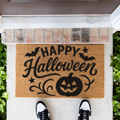 Happy Halloween Doormat | Halloween Welcome Mat | Pumpkin Front Door Decor | Spooky Fall Porch Decoration | Seasonal Entryway Rug
