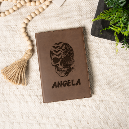 Personalized Leather Journal with Skull Design, Custom Name Notebook, Gothic Gift