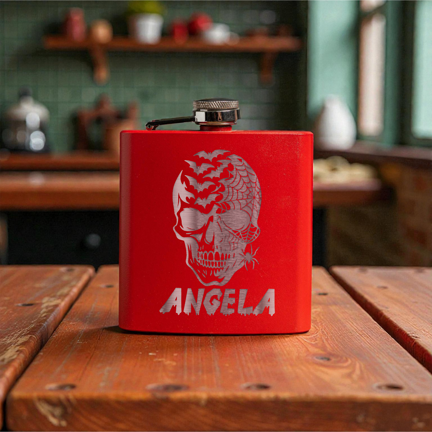 6oz Powder Coated Flask with Skull and Spider Design