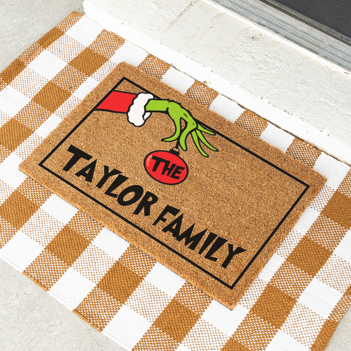 Personalized Grinch Christmas Doormat, Custom Family Name Holiday Welcome Mat, Funny Christmas Door Mat, Grinch Hand Ornament Porch Decor