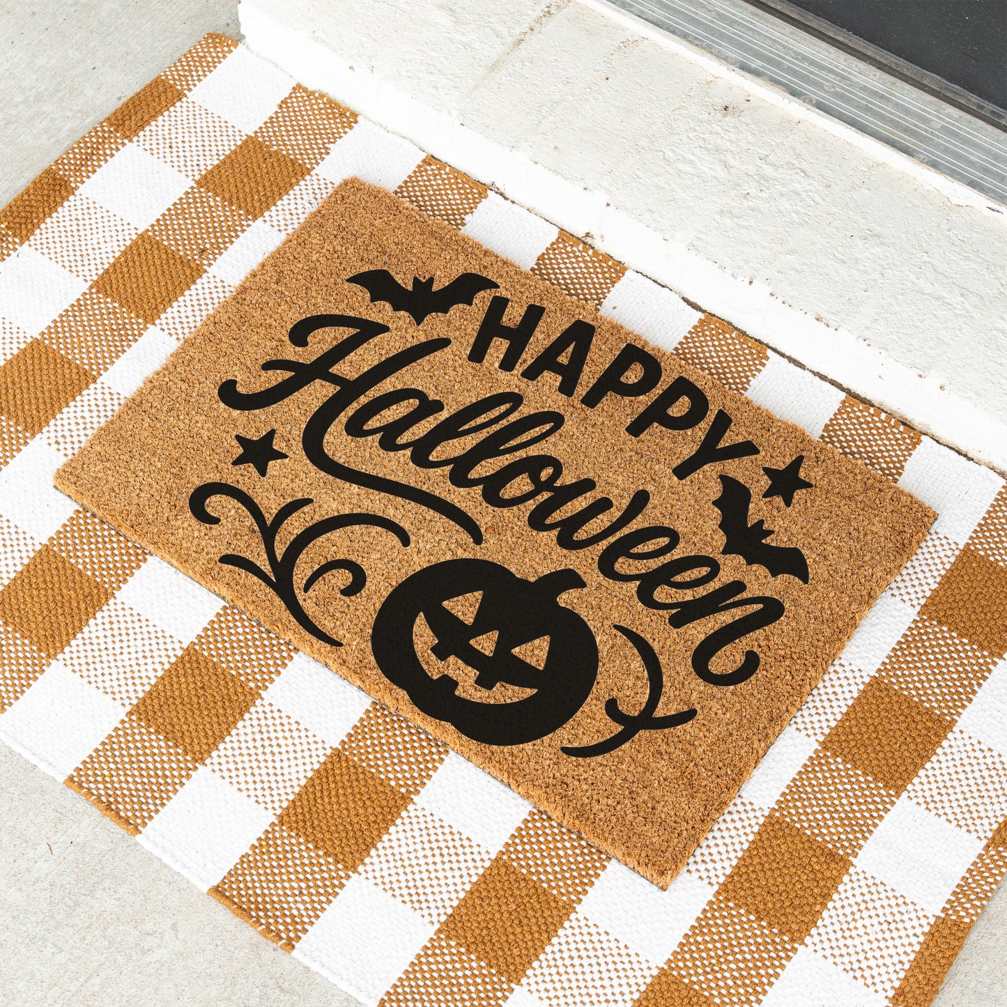 Happy Halloween Doormat | Halloween Welcome Mat | Pumpkin Front Door Decor | Spooky Fall Porch Decoration | Seasonal Entryway Rug
