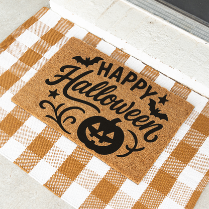 Happy Halloween Doormat | Halloween Welcome Mat | Pumpkin Front Door Decor | Spooky Fall Porch Decoration | Seasonal Entryway Rug