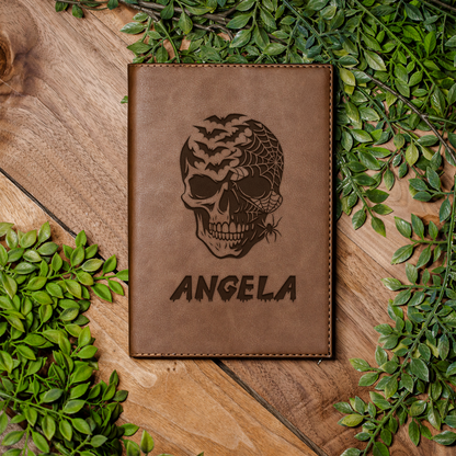 Personalized Leather Journal with Skull Design, Custom Name Notebook, Gothic Gift