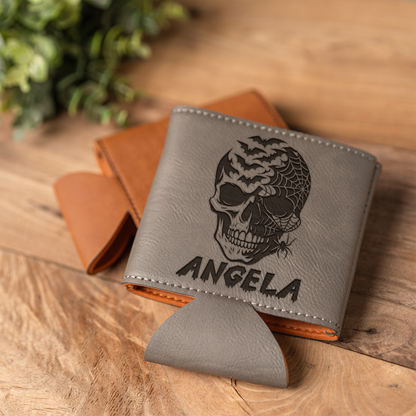 Personalized Leather Beverage Holder with Skull Design