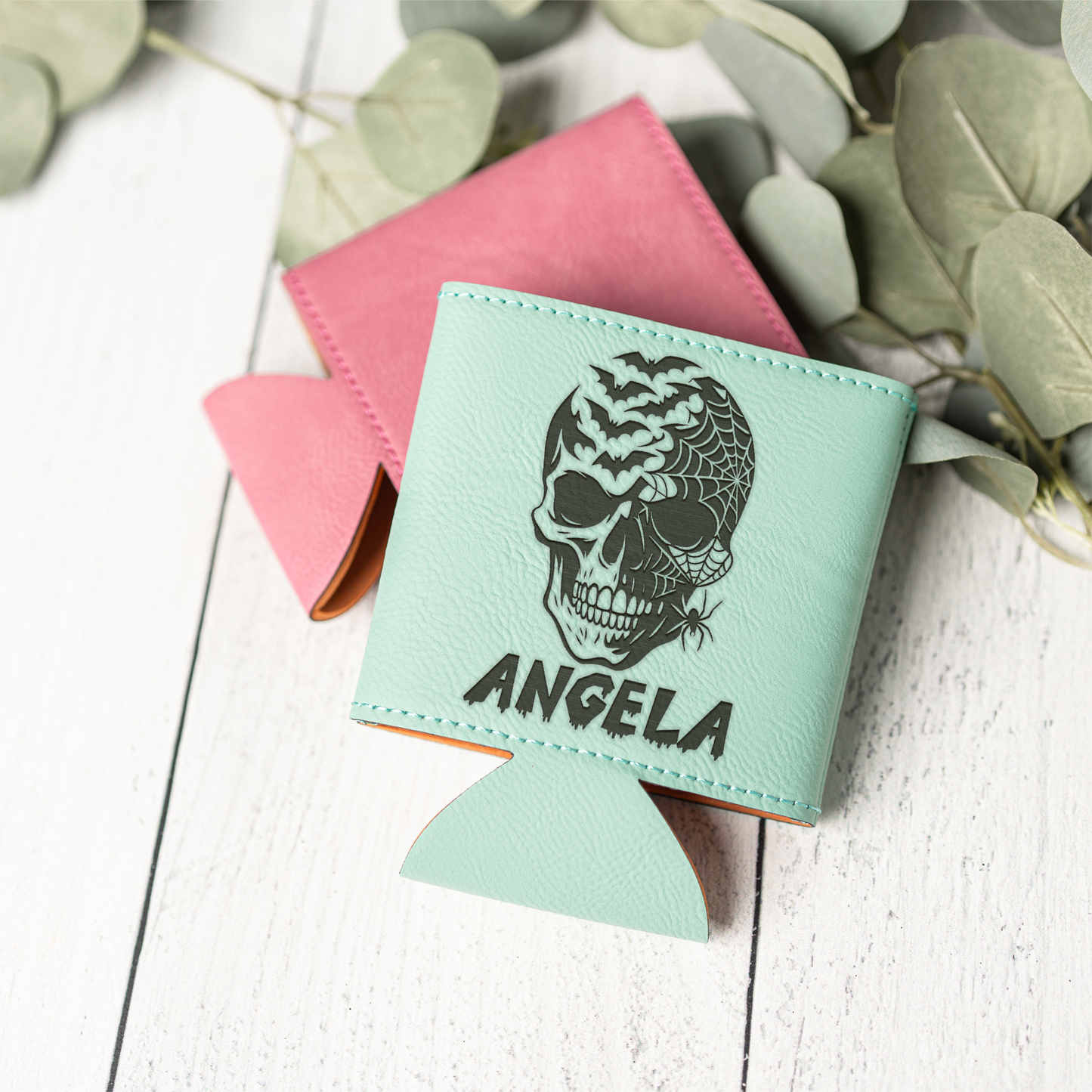 Personalized Leather Beverage Holder with Skull Design