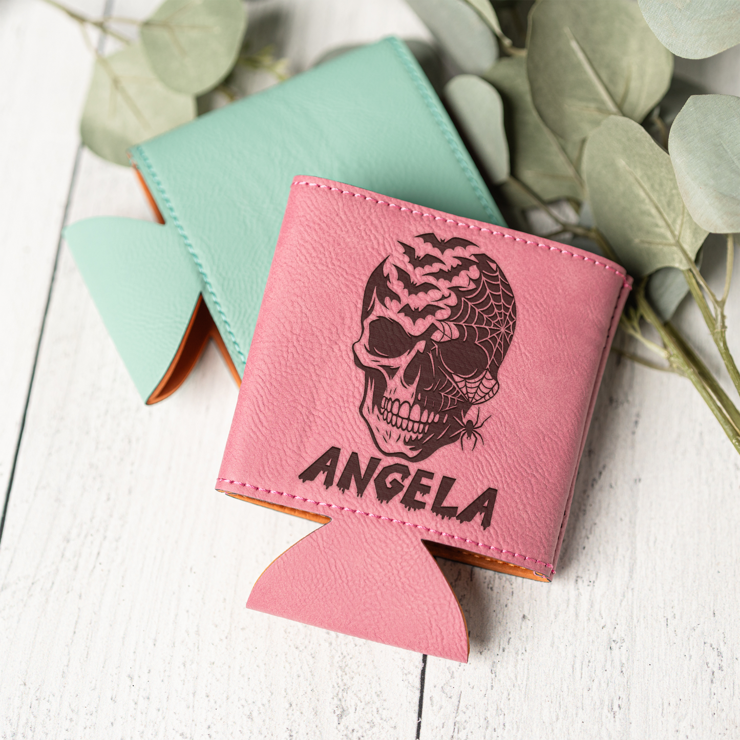 Personalized Leather Beverage Holder with Skull Design