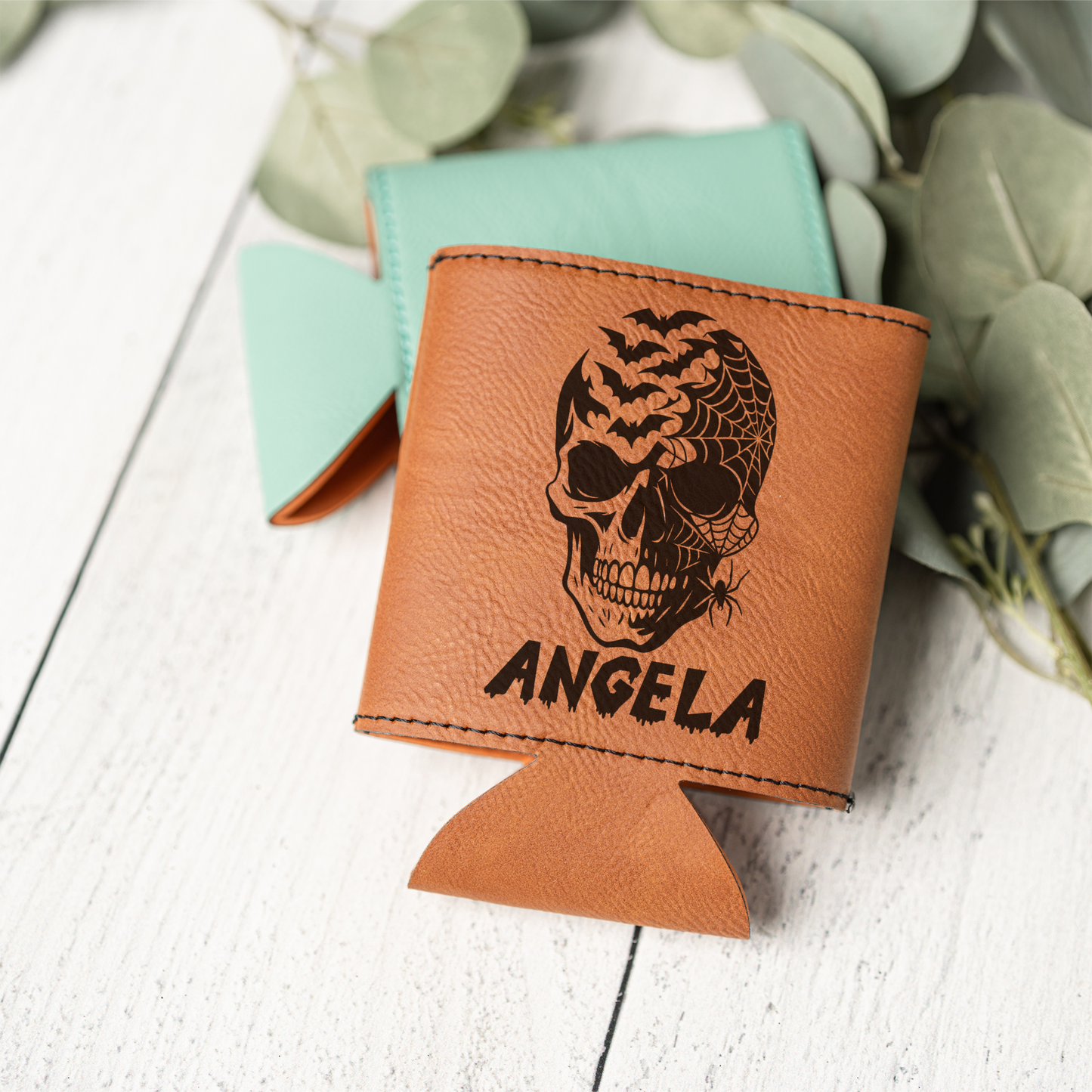 Personalized Leather Beverage Holder with Skull Design
