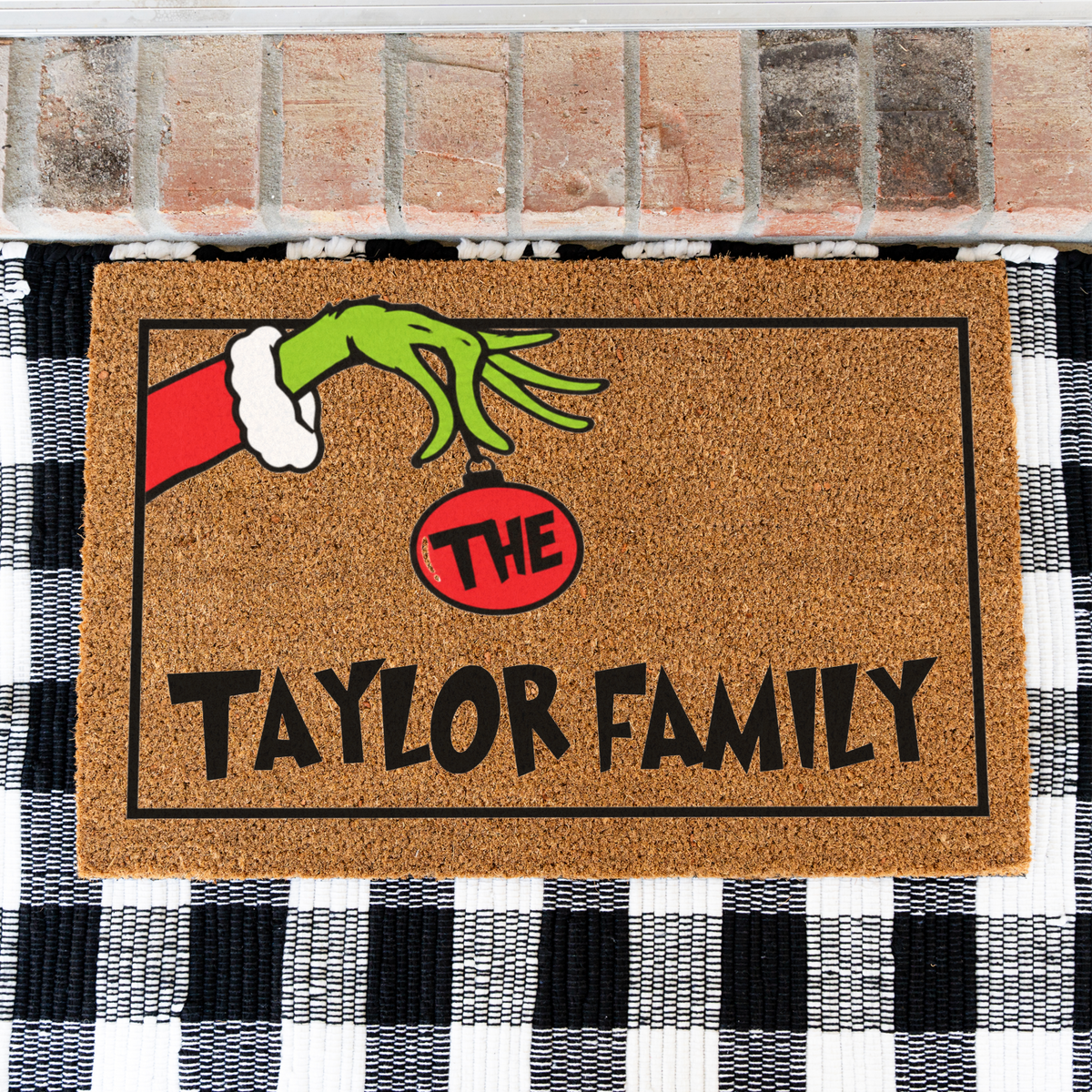 Personalized Grinch Christmas Doormat, Custom Family Name Holiday Welcome Mat, Funny Christmas Door Mat, Grinch Hand Ornament Porch Decor