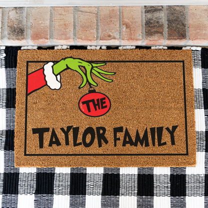 Personalized Grinch Christmas Doormat, Custom Family Name Holiday Welcome Mat, Funny Christmas Door Mat, Grinch Hand Ornament Porch Decor