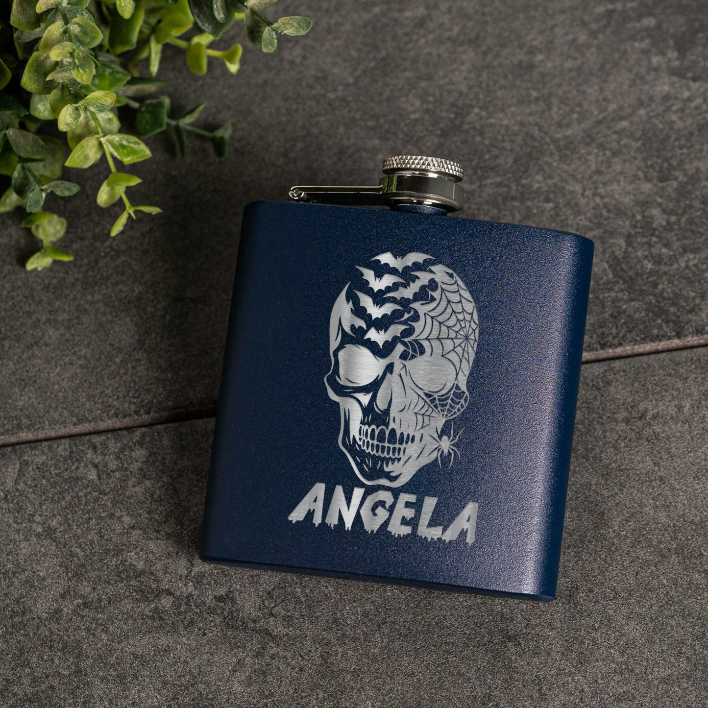 6oz Powder Coated Flask with Skull and Spider Design