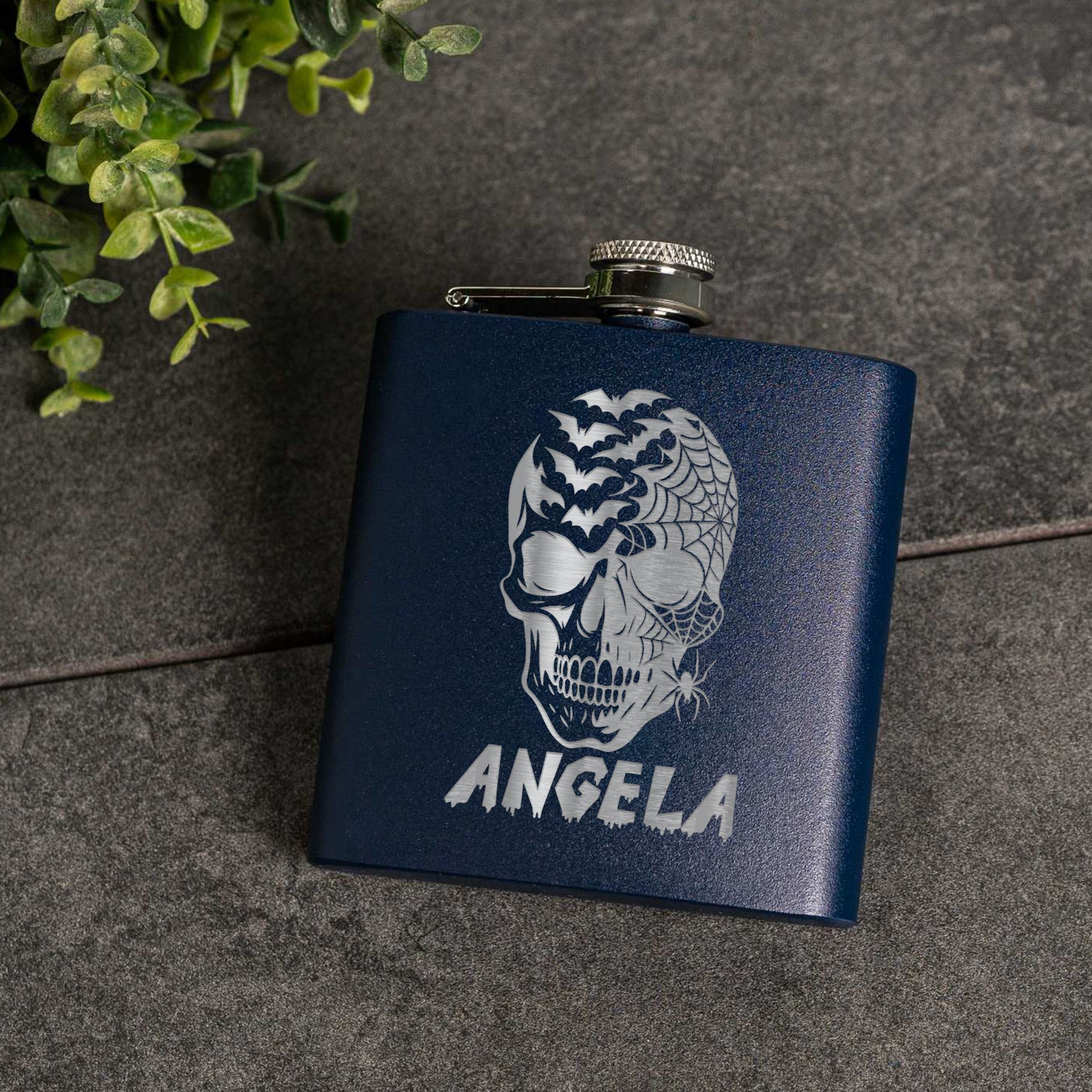 6oz Powder Coated Flask with Skull and Spider Design