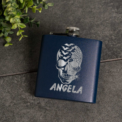6oz Powder Coated Flask with Skull and Spider Design