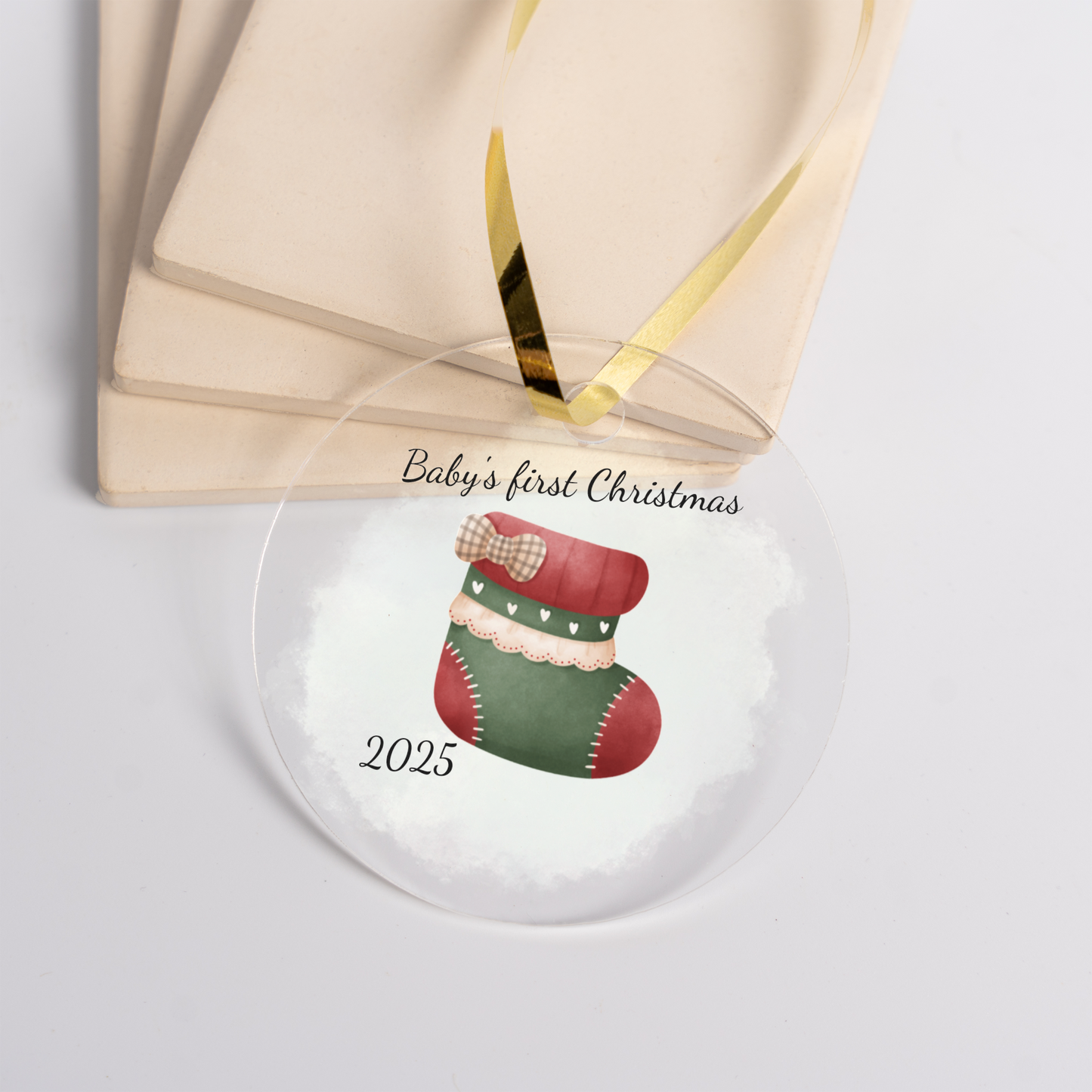 Baby's First Christmas Acrylic Ornament, Personalized Holiday Keepsake, 2025 Christmas Stocking Design