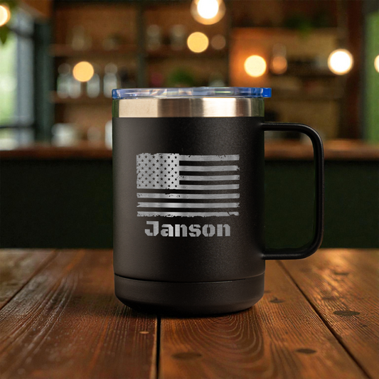 Personalized 15oz Stainless Steel Mug with American Flag Design