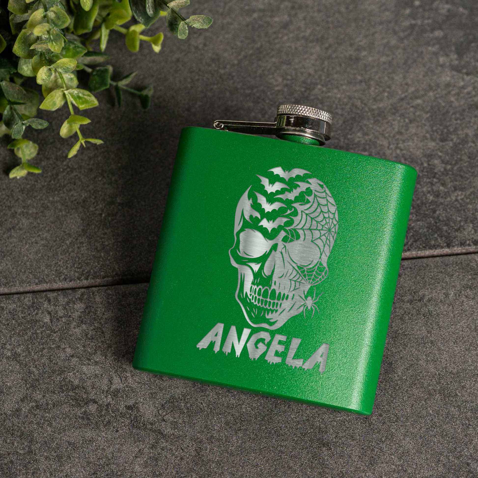 6oz Powder Coated Flask with Skull and Spider Design