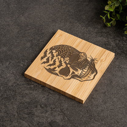 Bamboo Coaster Set With Holder - Skull and Spider Design
