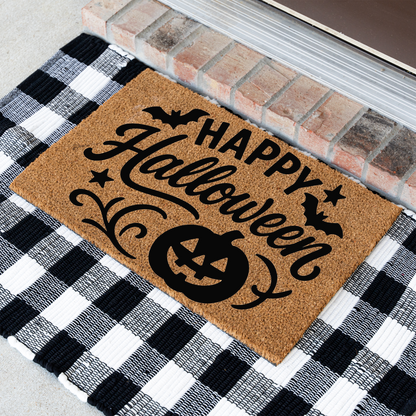 Happy Halloween Doormat | Halloween Welcome Mat | Pumpkin Front Door Decor | Spooky Fall Porch Decoration | Seasonal Entryway Rug