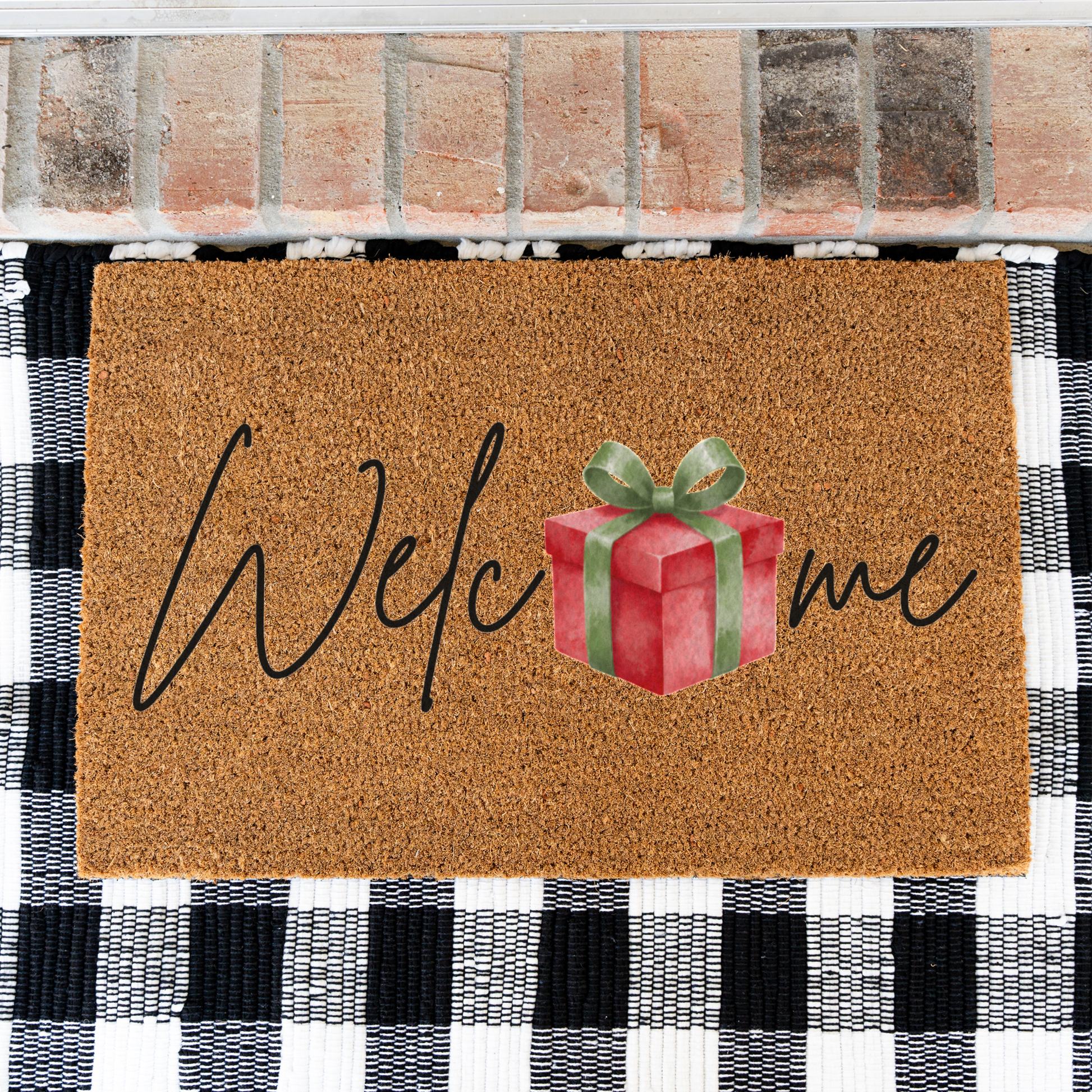 Christmas Doormat, Welcome Mat with Red Gift Design, Holiday Home Decor, Indoor Outdoor Use