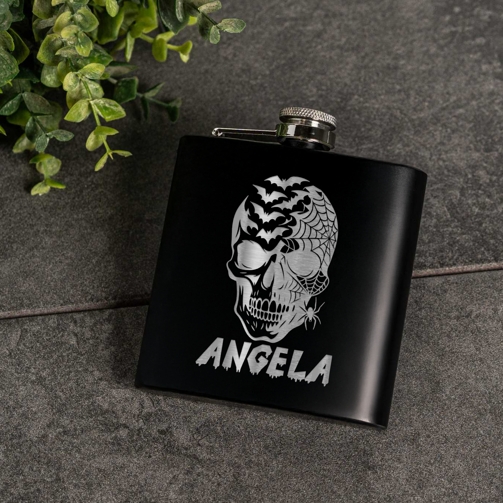 6oz Powder Coated Flask with Skull and Spider Design