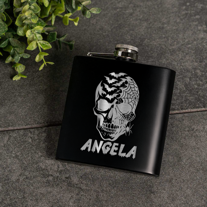 6oz Powder Coated Flask with Skull and Spider Design