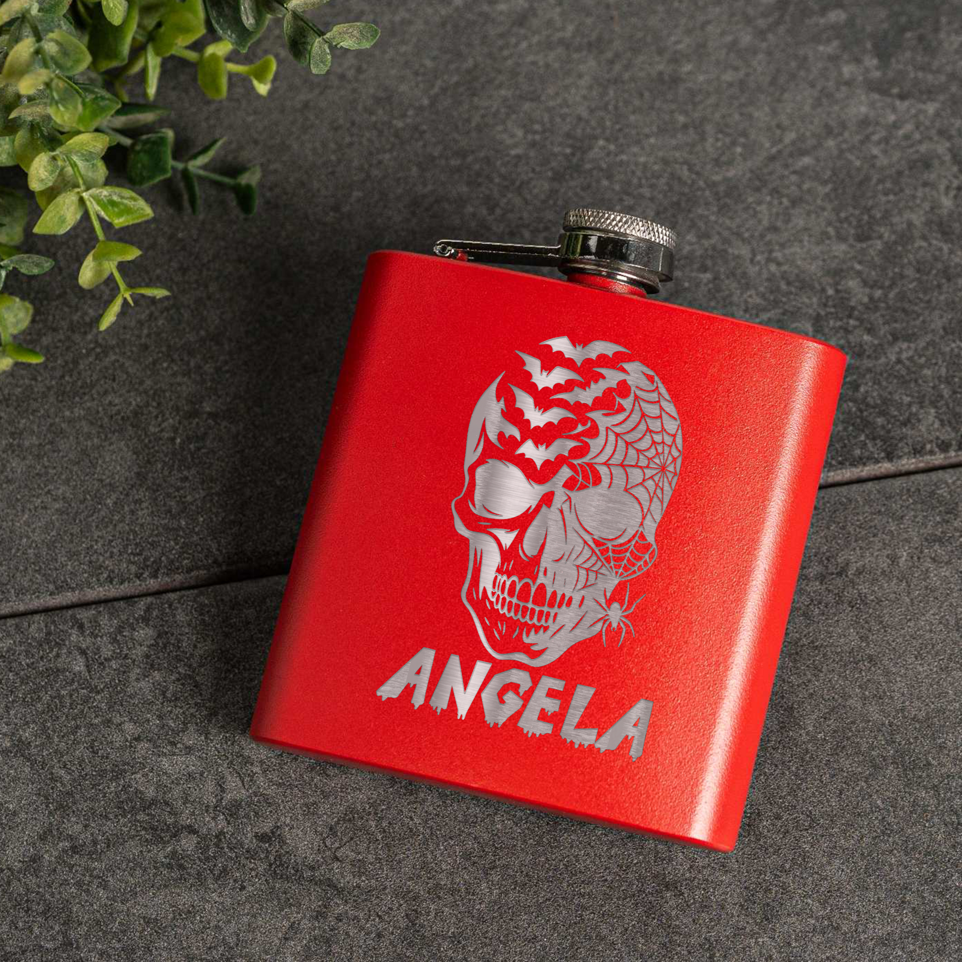 6oz Powder Coated Flask with Skull and Spider Design