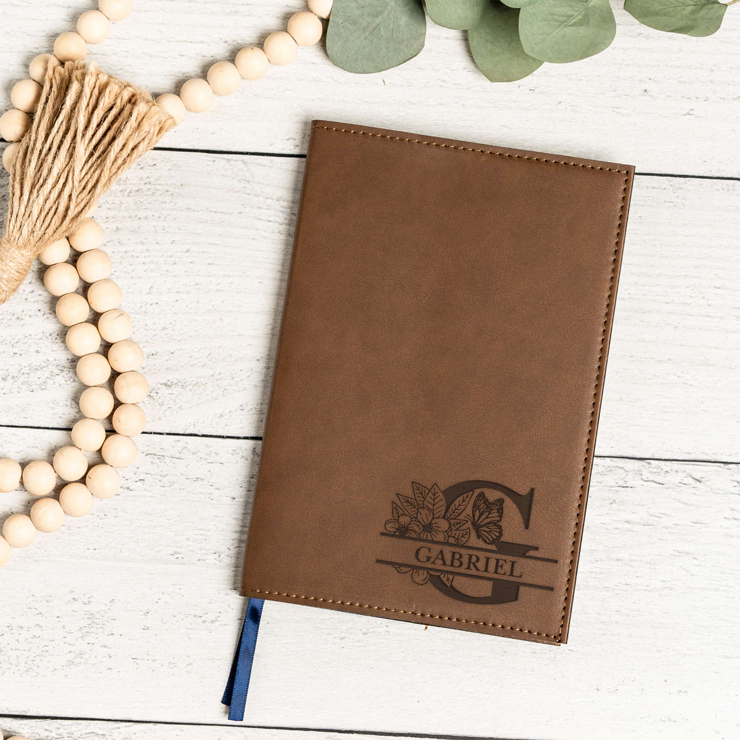 Personalized Leather Journal with Floral Monogram Design