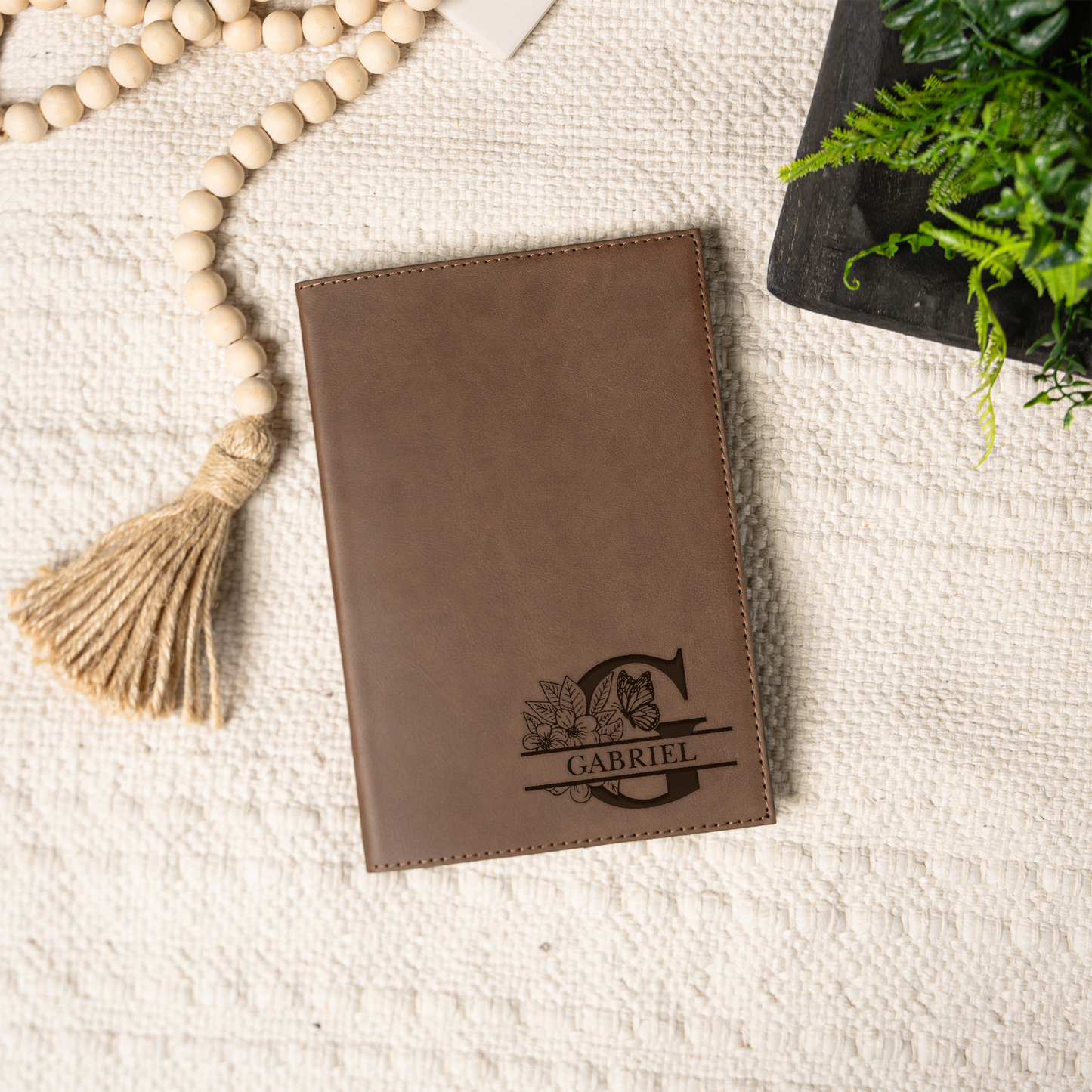 Personalized Leather Journal with Floral Monogram Design