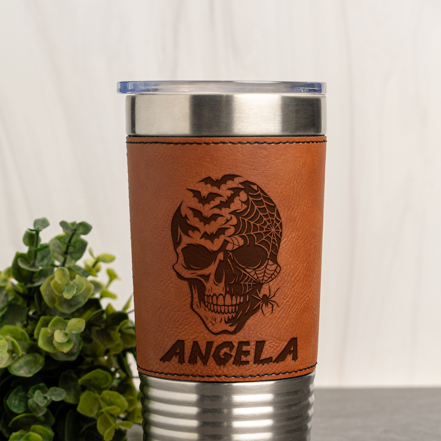 Personalized Leather Wrapped Tumbler with Skull and Spiderweb Design