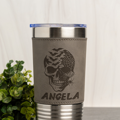 Personalized Leather Wrapped Tumbler with Skull and Spiderweb Design
