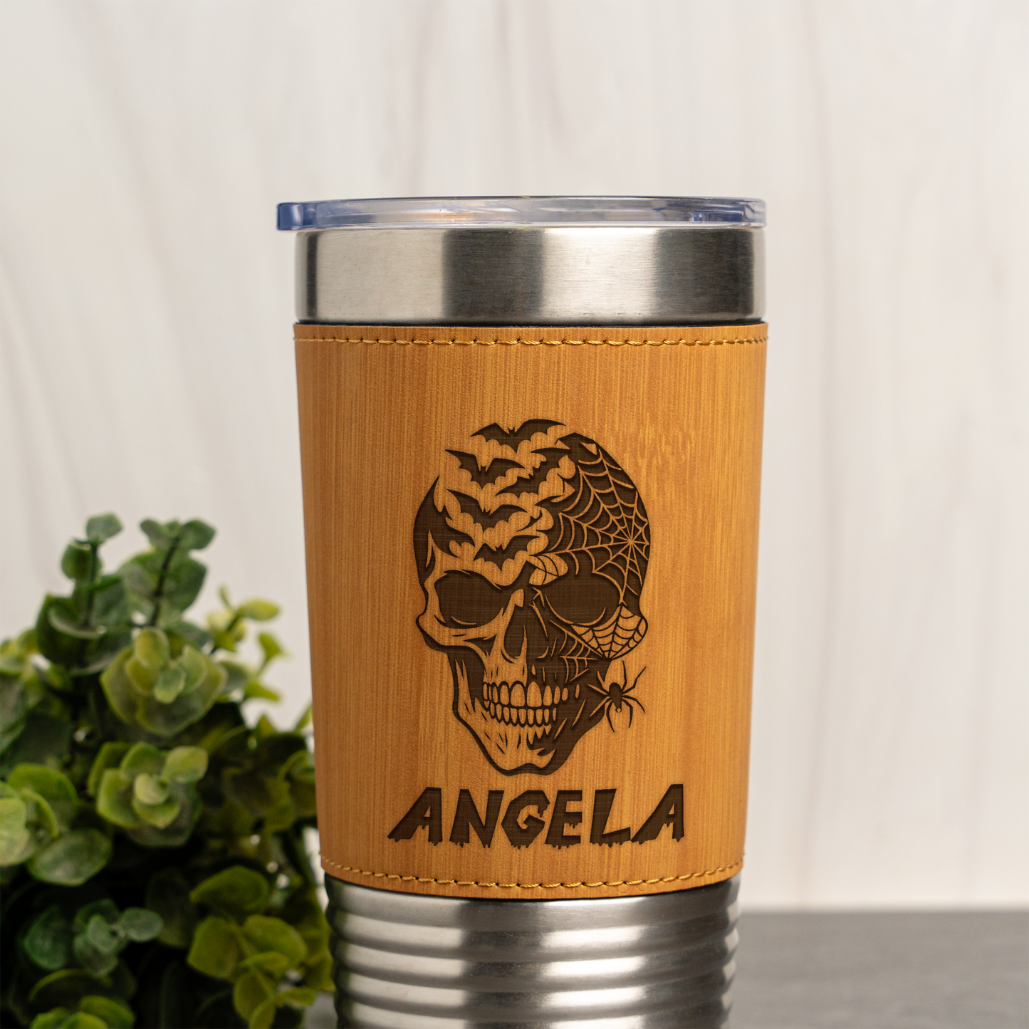Personalized Leather Wrapped Tumbler with Skull and Spiderweb Design