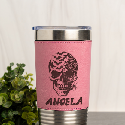 Personalized Leather Wrapped Tumbler with Skull and Spiderweb Design