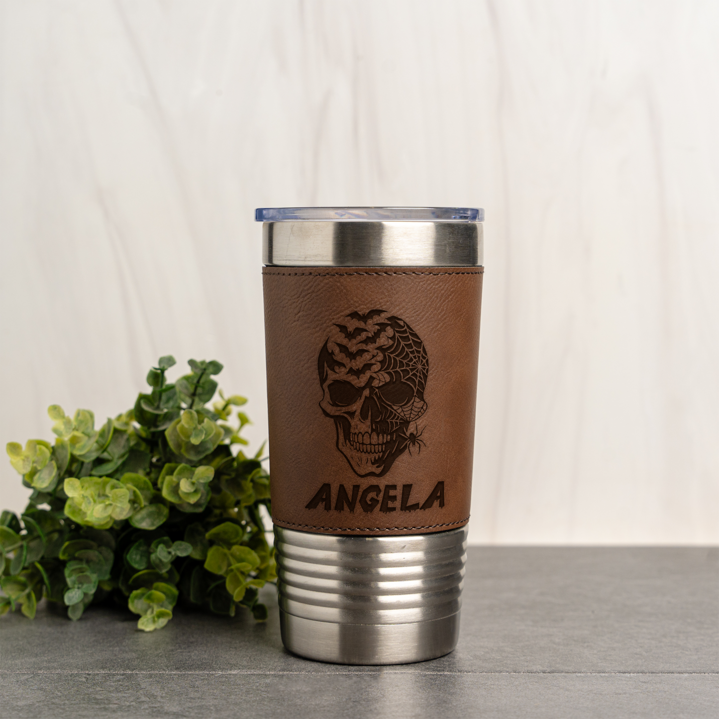 Personalized Leather Wrapped Tumbler with Skull and Spiderweb Design